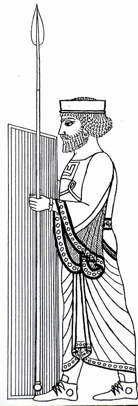 Großer Weidenschild, Reifenkrone (Rek.)T5a.jpg - Der textlich überlieferte und in Persepolis nur rudimentär erhaltene große Weidenschild diente der Ganzkörperdeckung. Wenn der Großkönig Audienzen in den Provinzen gab, bildeten viele dieser Schildträger eine 'Mauer' und öffneten so einen geschützten Audienzraum. Die in Persepolis dazu gehörige glatte Reifenkrone könnte Zeichen für den enstprechenden Truppenteil sein.